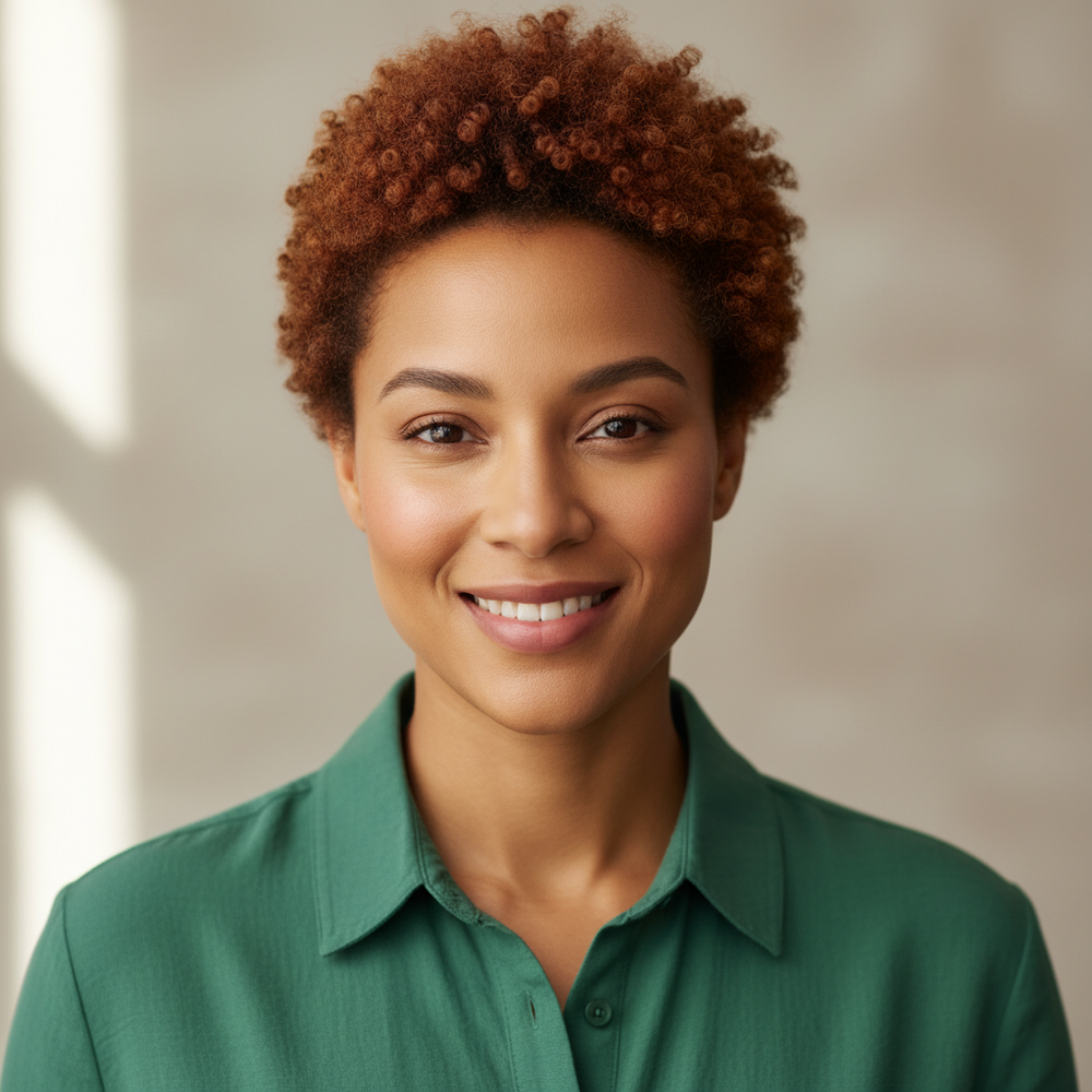 Ethnic gender fluent man with short curly hair and glowing skin in green shirt for a customer review profile pic 