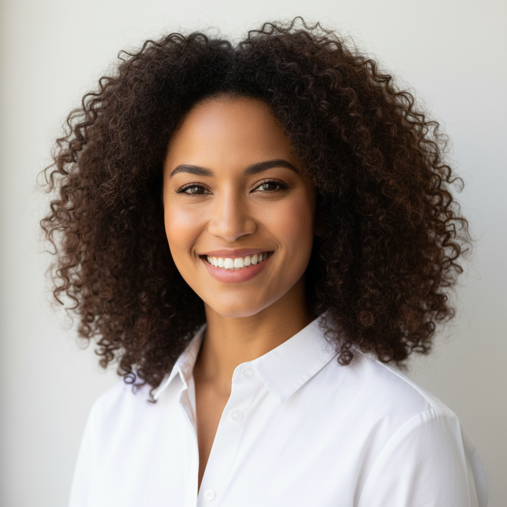Ethnic woman with curly full hair smiling in a white shirt for customer review profile pic